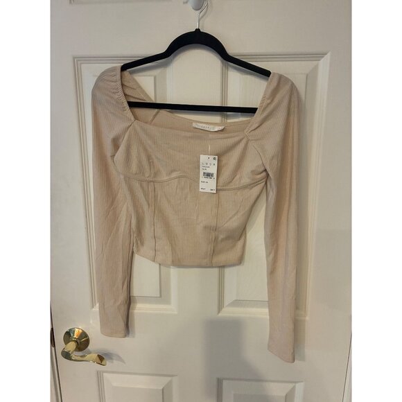 Lush Taupe Ribbed Long Sleeve Square Neck Crop Top XS - Picture 1 of 5